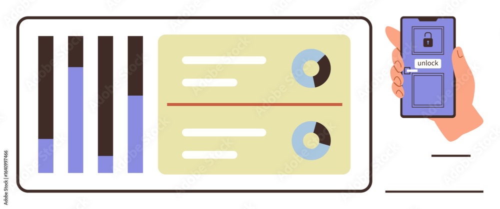 Poster hand holding smartphone unlocking door with screen visuals of bar graphs, pie charts, and stats. ide