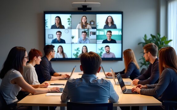 Students attend hybrid classroom session. Students in person others join virtually on large screen. Blended learning environment clearly visible. Students listen attentively. Modern education