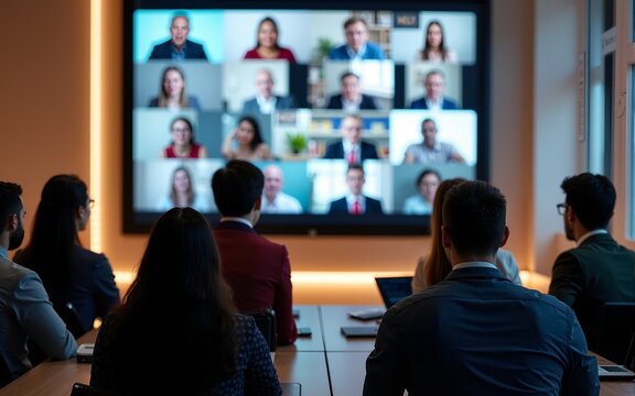 Students attend hybrid classroom session. Students in person others join virtually on large screen. Blended learning environment clearly visible. Students listen attentively. Modern education