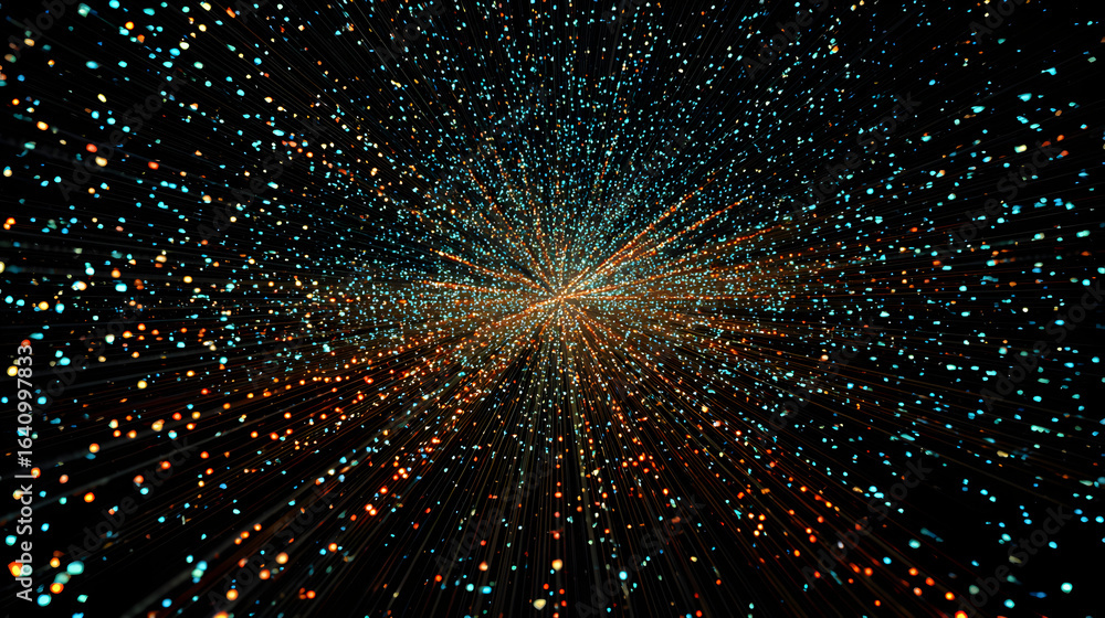 Poster Abstract background with blue and orange glittering particles radiating from a central point creating a mesmerizing bokeh effect and suggesting cosmic energy or data flow