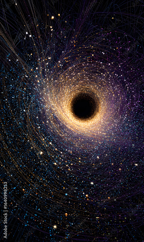 Poster abstract cosmic black hole illustration with swirling lights and particles depicting an energetic vo