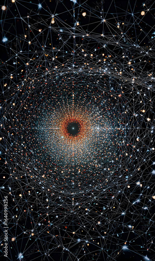 Poster complex network of interconnected dots in mesmerizing spiral pattern illustrating digital connectivi