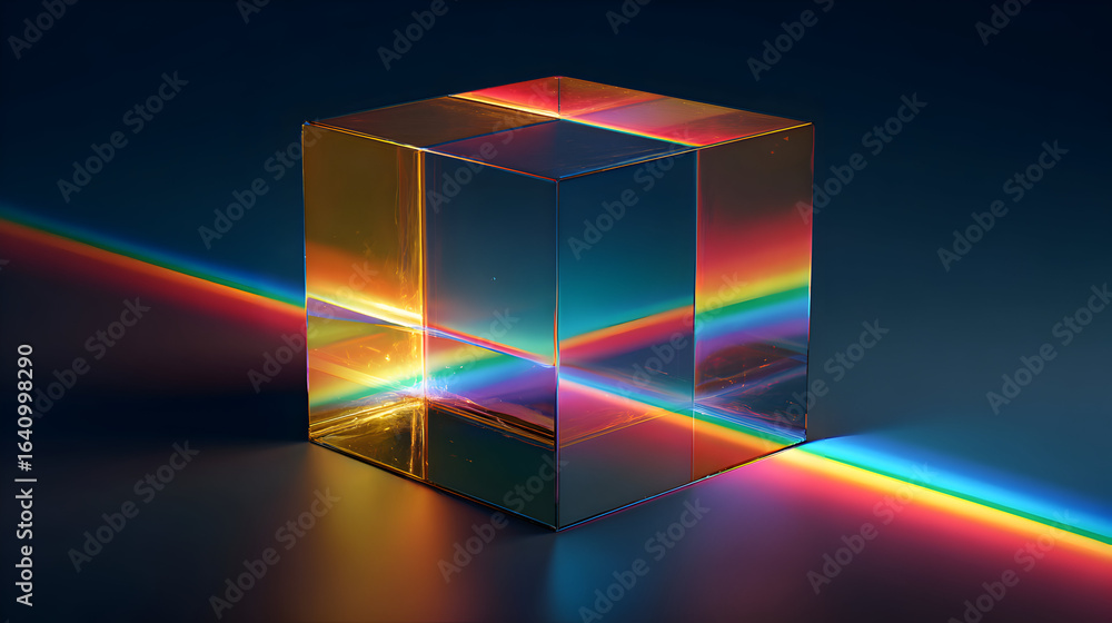 Poster abstract prism cube diffracting light spectrum illustration displaying vibrant rainbow colors a cool