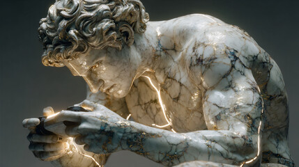 Classical marble sculpture of ancient reading figure on dark background. Renaissance art detail with dramatic lighting. Historical museum exhibit, educational concept