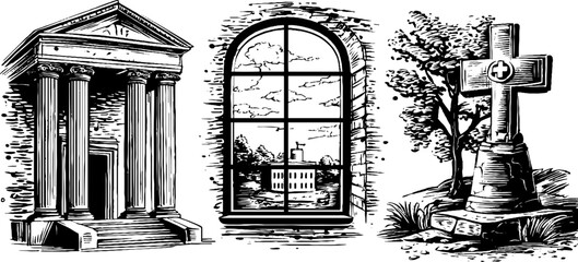 Vintage hospital portico and architectural elements engraving for design