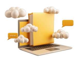A laptop with a yellow book and clouds, symbolizing online learning or digital education