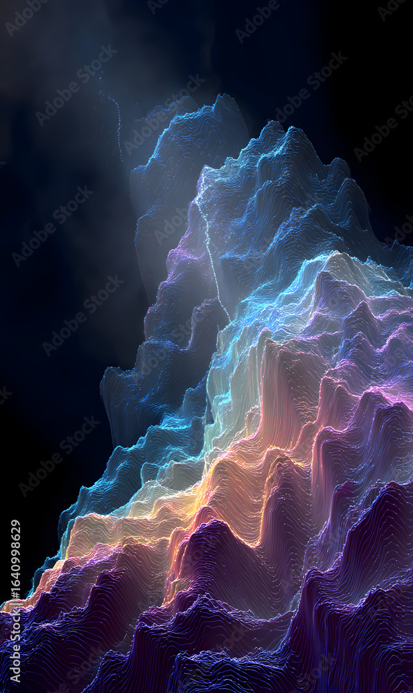 Poster abstract fractal landscape rendering showcasing vibrant pastel gradients and intricate wave formatio