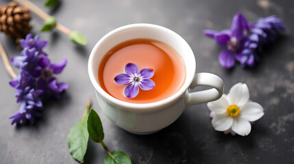 a white cup of tea with purple flower