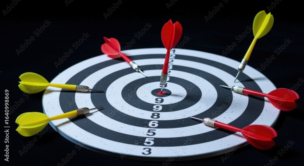 Poster dartboard with multiple darts hitting the target, symbolizing accuracy, precision, and achieving goa