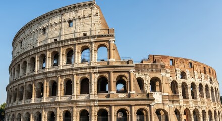 Fototapeta premium Colosseum in Rome, Italy: Ancient Amphitheater Architecture and Historical Landmark under a Clear Blue Sky
