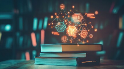 Books and Digital Network Concept representing information and connectivity