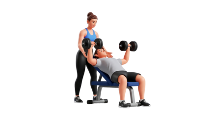 personal trainer assisting client with dumbbell bench press