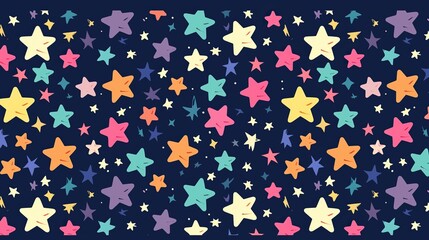 Fototapeta premium Colorful stars are arranged in a row on a dark blue background, creating a playful, starry night effect in shades of yellow, purple, orange, perfect for creative graphics, animation, digital art.