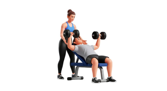personal trainer assisting client with dumbbell bench press