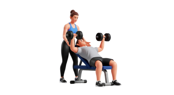 personal trainer assisting client with dumbbell bench press