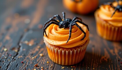 orange cupcake with black spider topper, halloween, no people, no text, no logo