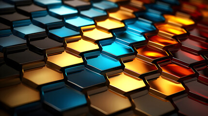 Fototapeta premium A dynamic arrangement of hexagonal shapes showcases a captivating assortment of colors and reflections, creating a visually striking abstract design.