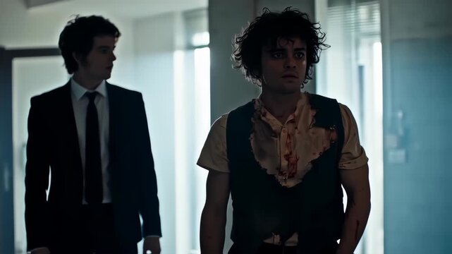 Two figures in a dimly lit hallway. One man, in a suit, appears serious and withdrawn. The other man, with messy hair and a stained vest, has an apprehensive expression