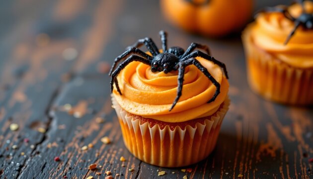 orange cupcake with black spider topper, halloween, no people, no text, no logo