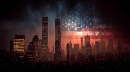 Stunning Cityscape Silhouette Illuminated by Fireworks Behind Flag at Night in Majestic Urban Celebration