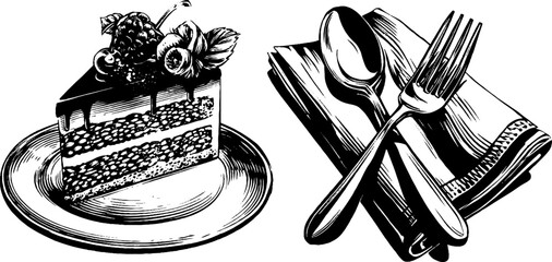 Vintage engraving of a layered cake slice with cutlery for retro dessert design