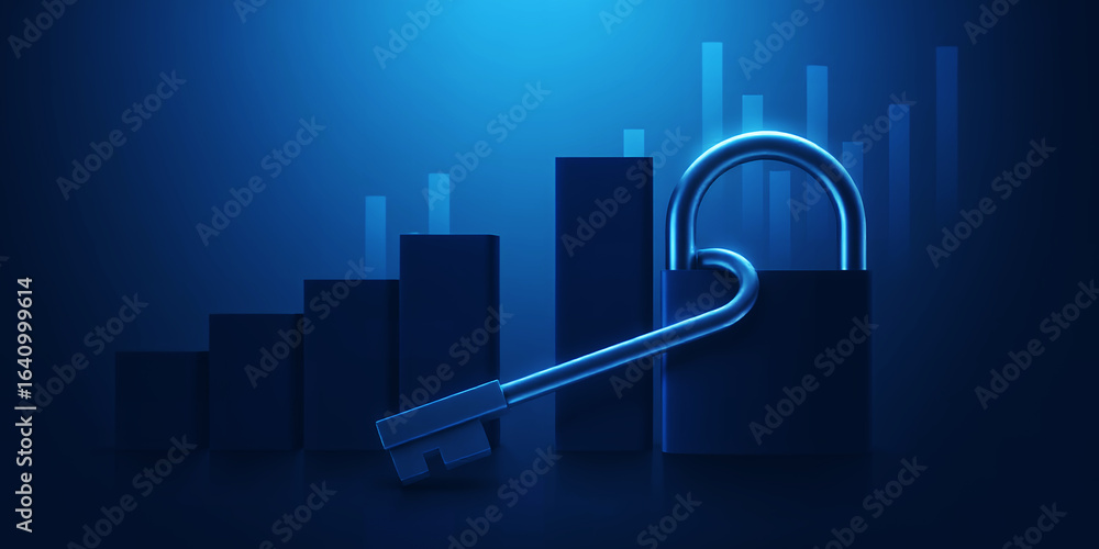 Poster a digital illustration of a key unlocking a padlock with bar graph in the background