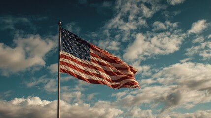 Majestic American Flag Waving Proudly Against a Stunning Cloud-filled Blue Sky, Symbolizing National Pride and Freedom
