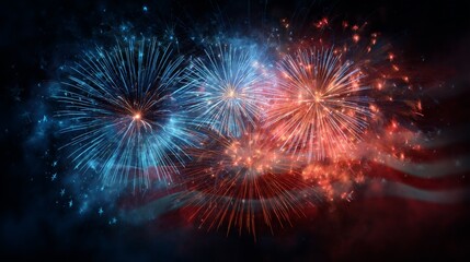 Fototapeta premium Spectacular Fireworks Display Celebrating American Independence with Red, White, and Blue Colors Lighting the Night Sky