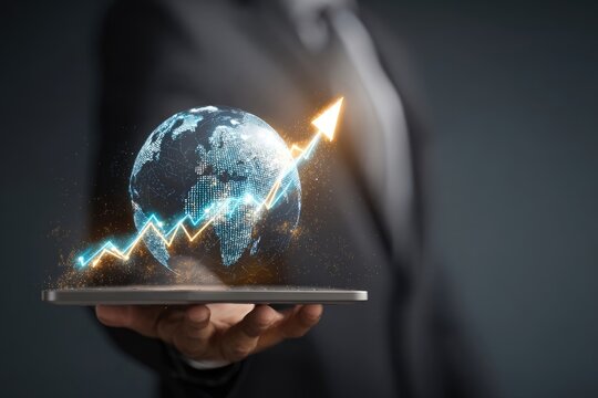 Businessman holds tablet displaying a 3D globe with an upward trend graph, representing global growth - Powered by Adobe