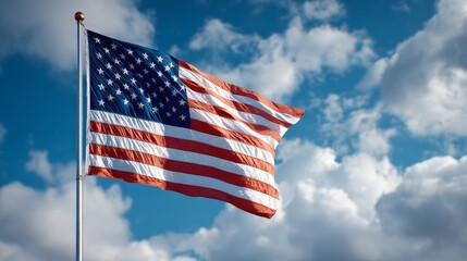 Vibrant American Flag Waving Proudly in the Blue Sky with Majestic Clouds