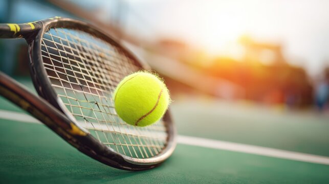 Tennis Ball and Racket on Court Surface at Sunrise, Close-Up Professional Sports Photography