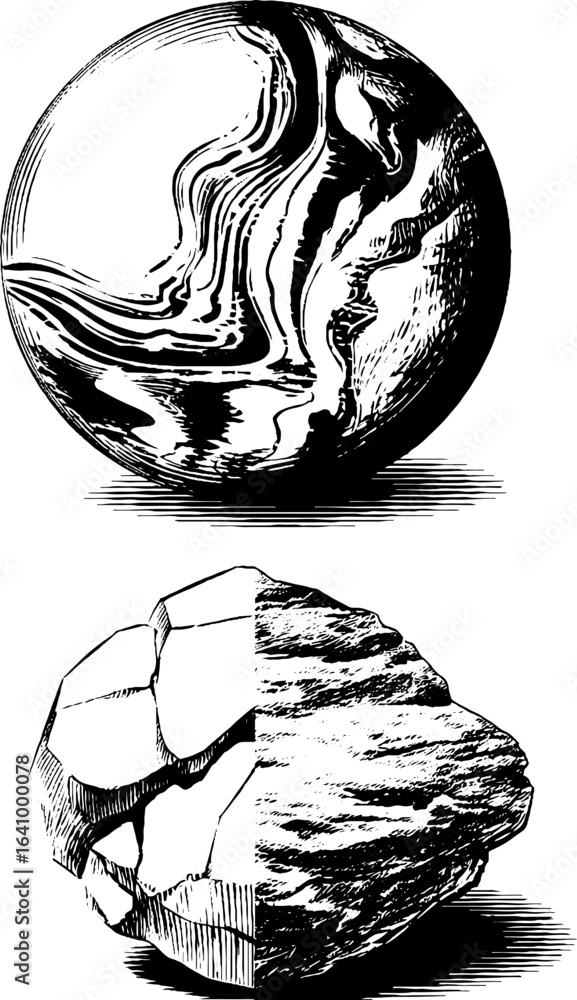 Poster elegant marble swirl patterns and textured stones in engraved style for artistic projects