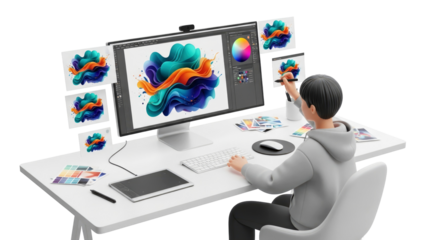 graphic designer editing abstract fluid art on desktop computer