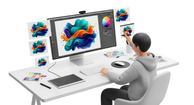 graphic designer editing abstract fluid art on desktop computer - Powered by Adobe