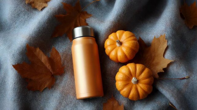 Cozy autumn flat lay with orange thermos, mini pumpkins, and autumn leaves on a blue background