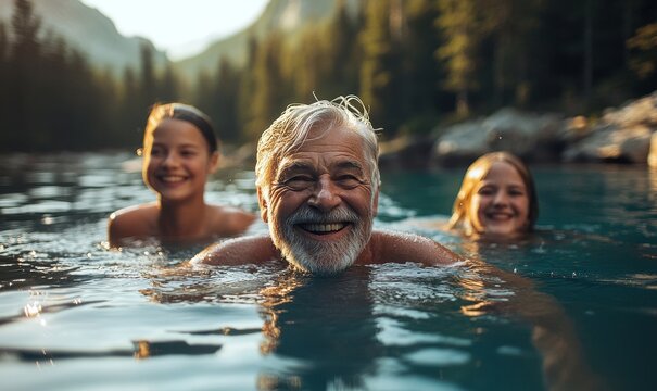 Multigenerational family members cold water swimming in a lake, showcasing healthy living and family bonding through outdoor activities, Generative AI - Powered by Adobe