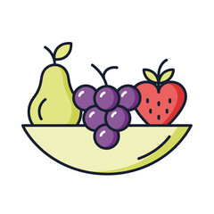 A healthy fruit store icon. It features a bowl with a pear, grapes, and a strawberry, symbolizing fresh, delicious, and natural produce