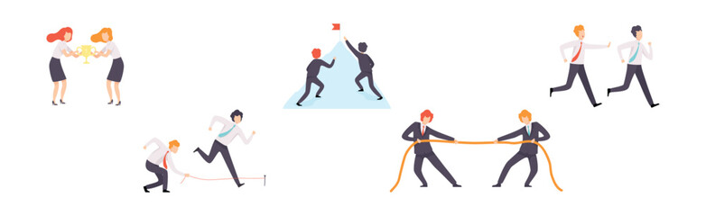 Man and Woman Business Worker Character Engaged in Professional Career Competition Vector Set