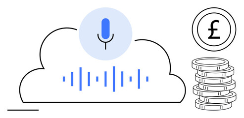 Microphone on cloud with soundwaves, coins, currency indicating advanced AI, finance, and digital transformation. Ideal for AI, voice tech, cloud storage, fintech innovation future tech simple