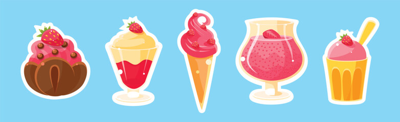 Sweet Strawberry Dessert and Confection with Cream Vector Set