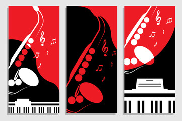 Set of vertical flyers with professional jazz saxophone and piano on stage. Templates for party invitation, banners, brochures print. Black, red and white minimalistic vector