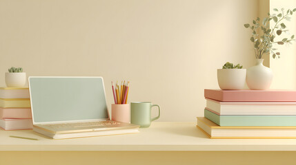 Minimalist Flat Pastel 3D Render of a Clean Study Desk