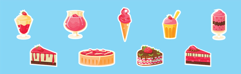 Sweet Strawberry Dessert and Confection with Cream Vector Set