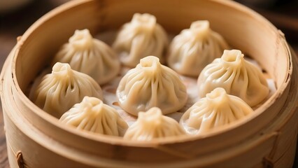 Close Up of Xiaolongbao Dumplings in Bamboo Steamer