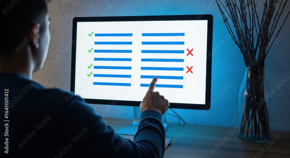 Poster person interacting with checklist on computer screen displaying success and failure indicators in ho