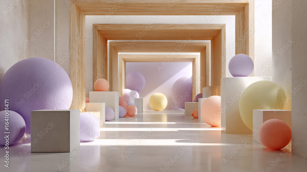 Poster abstract geometric composition with colorful sphere and cube shapes in minimalist pastel corridor. m