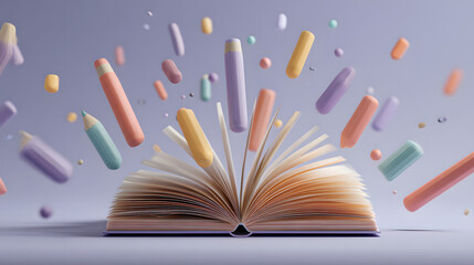Soft 3D Pastel Illustration of an Open Notebook with School Supplies