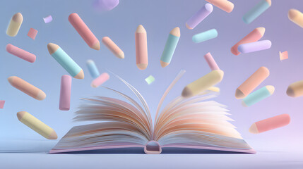 Soft 3D Pastel Illustration of an Open Notebook with School Supplies