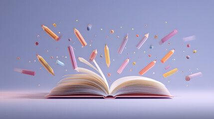 Soft 3D Pastel Illustration of an Open Notebook with School Supplies
