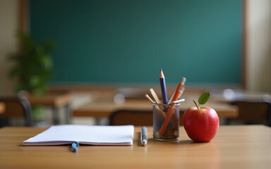 Different school stationery and apple on wooden table near blackboard indoors. High quality